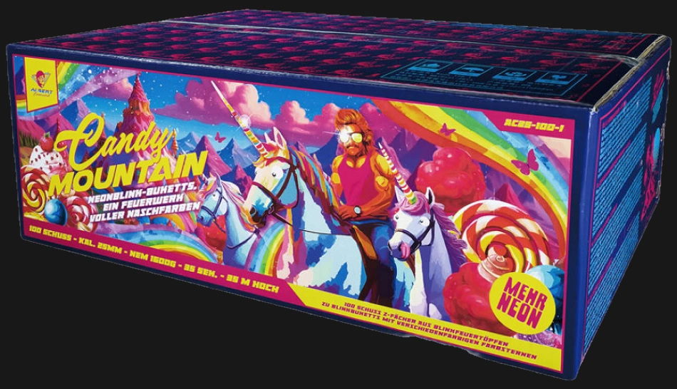 Albert Candy Mountain Verbundfeuerwerk – 100 Schuss 25mm Z-Fächer mit 1600g NEM, Blinker-Feuertöpfen, Päonien und bunten Leuchtsternen