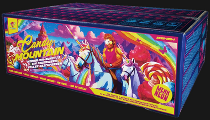 Albert Candy Mountain Verbundfeuerwerk – 100 Schuss 25mm Z-Fächer mit 1600g NEM, Blinker-Feuertöpfen, Päonien und bunten Leuchtsternen