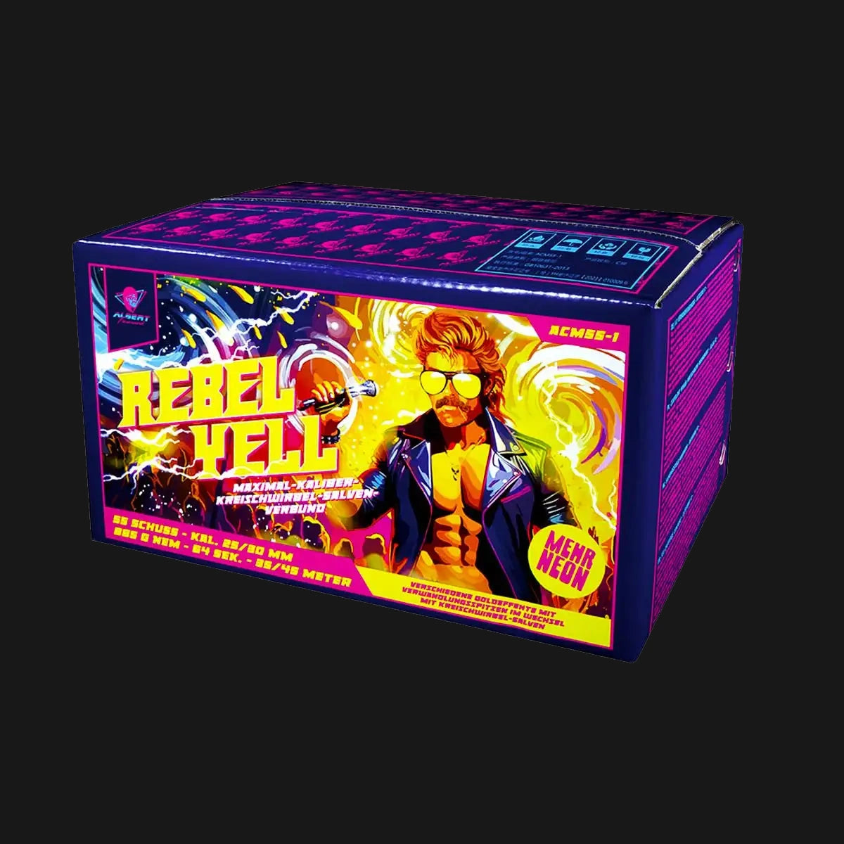 Albert Rebel Yell Verbundfeuerwerk – 55 Schuss im Kaliber 25/30mm mit 885g NEM, Kreischwirbel-Salven, Goldregen, Brokatkronen und Silbercrackern