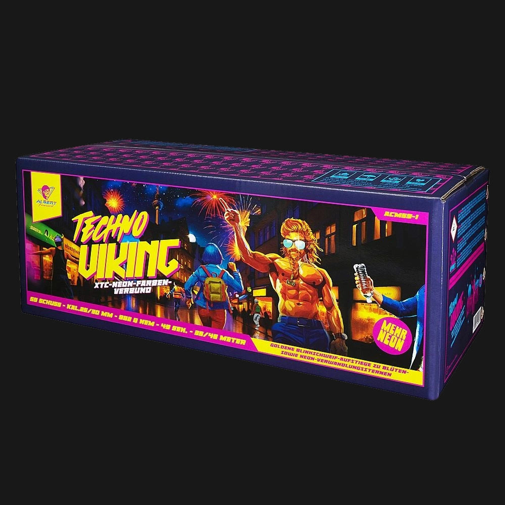 Albert Techno Viking Verbundfeuerwerk – 59 Schuss mit 982g NEM, Goldglitter-Schweifen, Neon-Verwandlungssternen und Z-Fächern