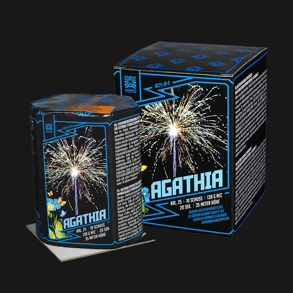 Argento Agathia Feuerwerksbatterie – 10 Schuss 25mm mit Goldschweifaufstieg, Corolla-Goldweide und violetten Sternen