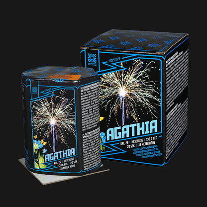 Argento Agathia Feuerwerksbatterie – 10 Schuss 25mm mit Goldschweifaufstieg, Corolla-Goldweide und violetten Sternen