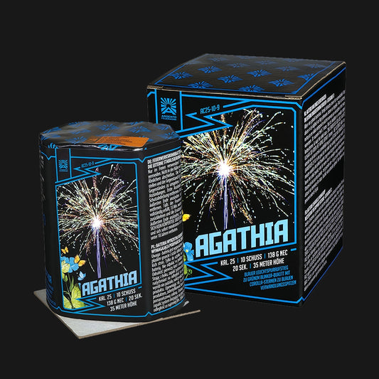 Argento Agathia Feuerwerksbatterie – 10 Schuss 25mm mit Goldschweifaufstieg, Corolla-Goldweide und violetten Sternen