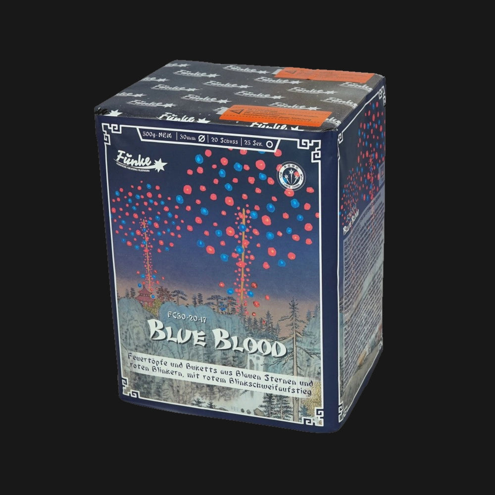 Argento Blue Blood 25 Schuss 30mm F2 Feuerwerksbatterie mit Goldflimmerpalmen und blauen Sternen