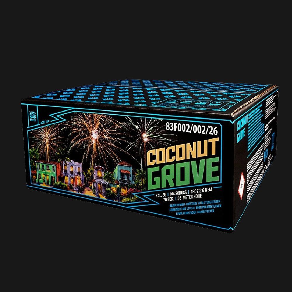 Argento Coconut Grove Verbundfeuerwerk – 144 Schuss 25mm mit 1987g NEM, Blinkschweifen, farbigen Blütensternen und großen Blinkpalmen