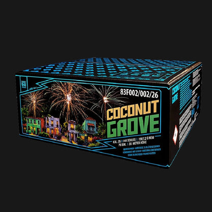 Argento Coconut Grove Verbundfeuerwerk – 144 Schuss 25mm mit 1987g NEM, Blinkschweifen, farbigen Blütensternen und großen Blinkpalmen