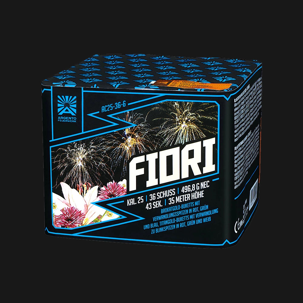 Argento Fiori Feuerwerksbatterie – 36 Schuss im 25mm Kaliber mit 497g NEM, Brokatweiden, Titangold und Verwandlungsspitzen in Rot, Grün, Blau und Weiß