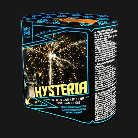 Argento Hysteria 13-Schuss 30mm Feuerwerksbatterie mit Silbercracker-Palme und Goldcrackern