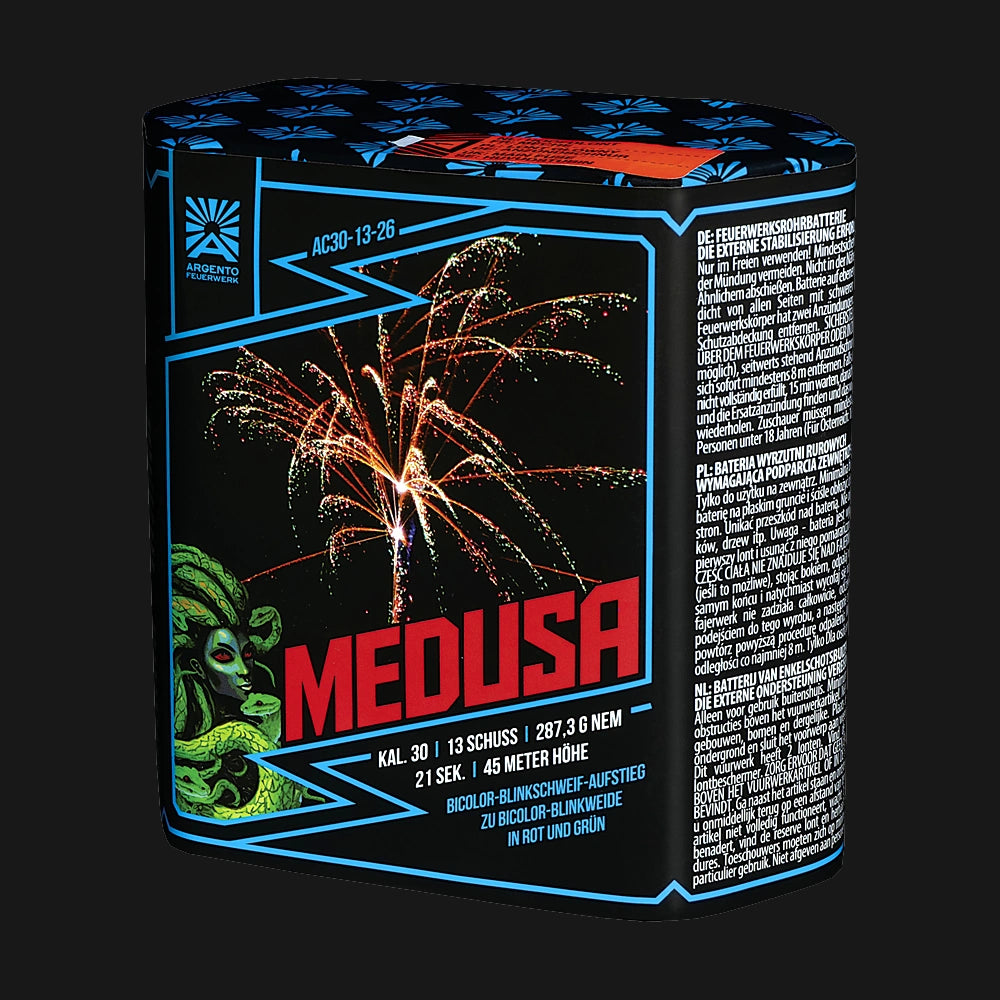 Argento Medusa Feuerwerksbatterie – 13 Schuss im 30mm Kaliber mit 287g NEM, Bicolor-Blinkschweifaufstiegen und zweifarbigen Blinkweiden mit roten und grünen Blinksternen