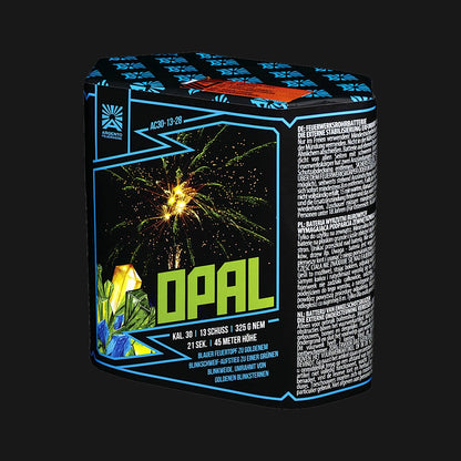 Argento Opal Feuerwerksbatterie – 13 Schuss im 30mm Kaliber mit 280g NEM, blauen Feuertöpfen, Brokatschweifaufstiegen und Brokatkronen mit tiefblauen Sternen