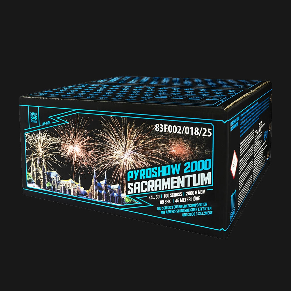 Argento Pyroshow 2000-B Sacramentum 100 Schuss 30mm F2 Verbundfeuerwerk mit Gold- und Cracklingeffekten