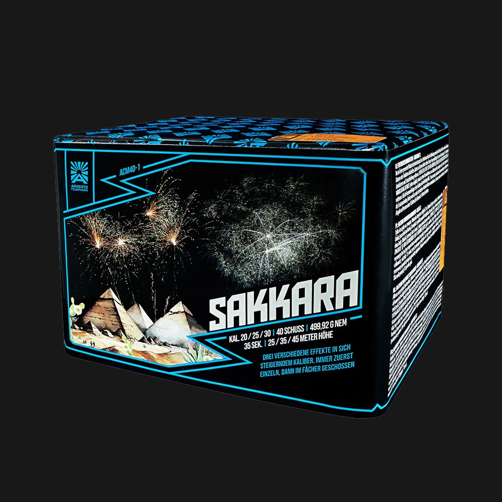 Argento Sakkara 40 Schuss Mix-Kaliber F2 Feuerwerksbatterie mit Goldweiden und Cracklingfinale