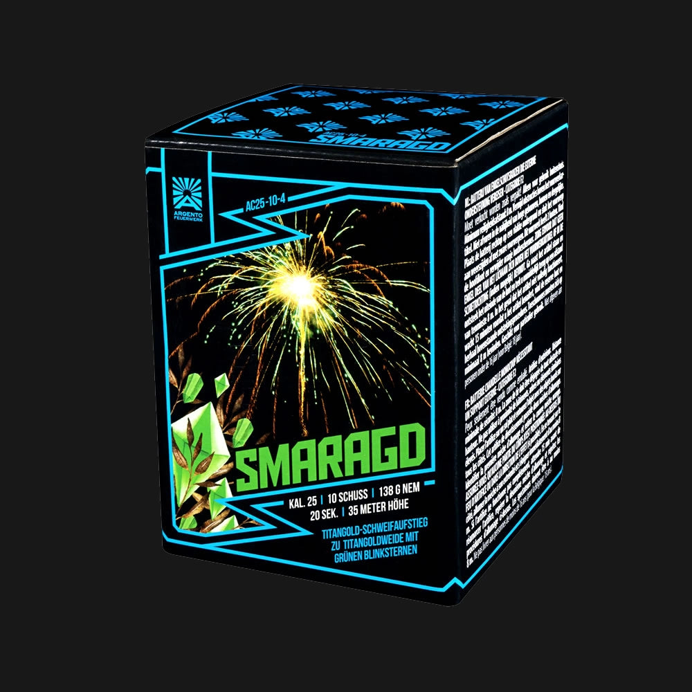 Argento Smaragd Feuerwerksbatterie – 10 Schuss 25mm mit Titangoldschweif, Titangoldweide und smaragdgrünen Blinkern