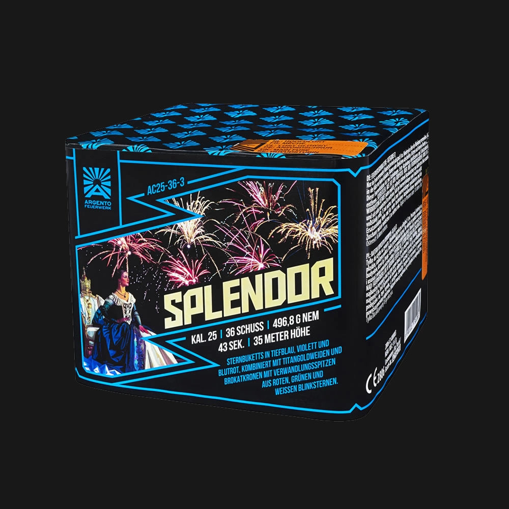 Argento Splendor Feuerwerksbatterie – 36 Schuss im 25mm Kaliber mit 497g NEM, Titangoldweiden, Brokatkronen und bunten Sternen in Blau, Violett und Blutrot