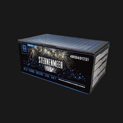Argento Sternenmeer Feuerwerksbatterie – 72 Schuss Fächerbatterie im 25mm Kaliber mit 964,8g NEM und Weißblinker-Feuertöpfen sowie Weißblinker-Buketts