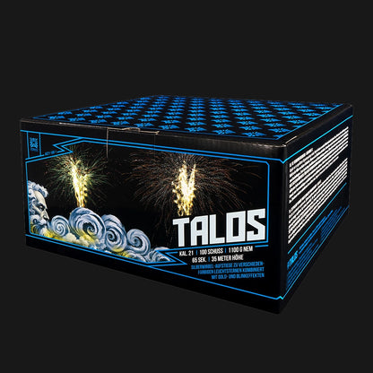 Argento Talos Verbundfeuerwerk – 100 Schuss im 21mm Kaliber mit 1100g NEM, Silberwirbel-Aufstiegen, Goldweiden, farbintensiven Sternen und Blinkern