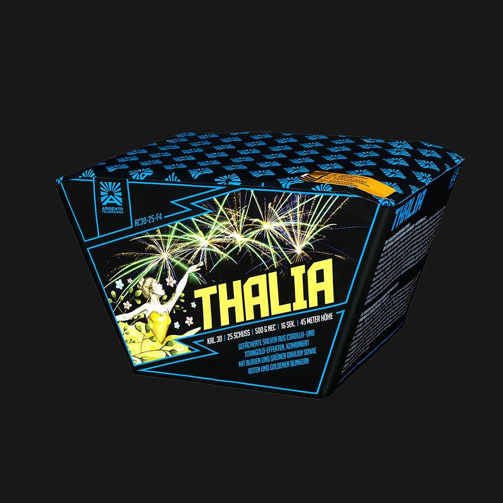 Argento Thalia Feuerwerksbatterie – 25 Schuss Fächerbatterie im 30mm Kaliber mit 500g NEM, Feuertöpfen, Corolla-Goldweiden, Dahliensternen und Blinkern