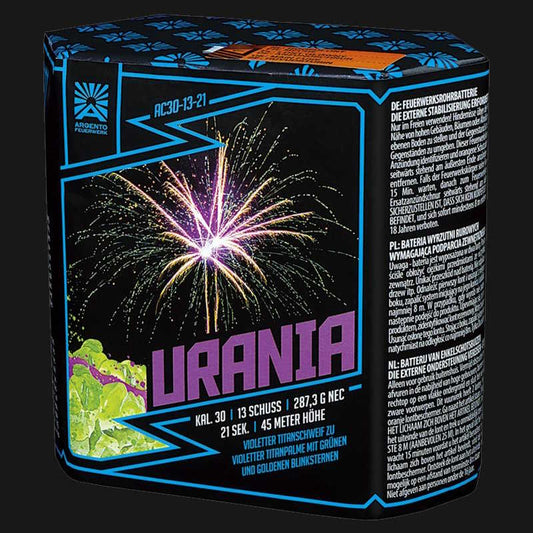 Argento Urania 10-Schuss Feuerwerksbatterie mit lila Sternen und weißen Blinkern