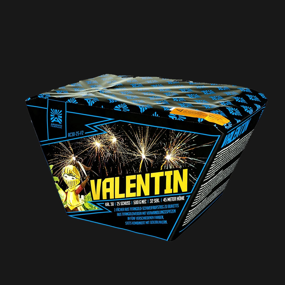 Argento Valentin 25 Schuss 30mm F2 Feuerwerksbatterie mit Gold- und Blinkeffekt