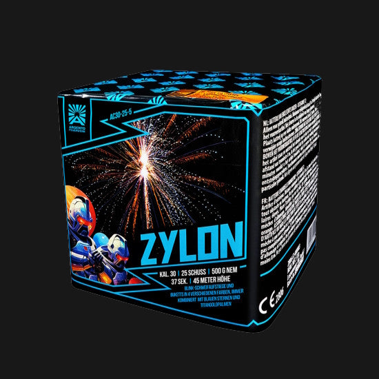 Argento Zylon 25-Schuss 30mm Feuerwerksbatterie mit Titangoldpalme und farbigen Blinksternen