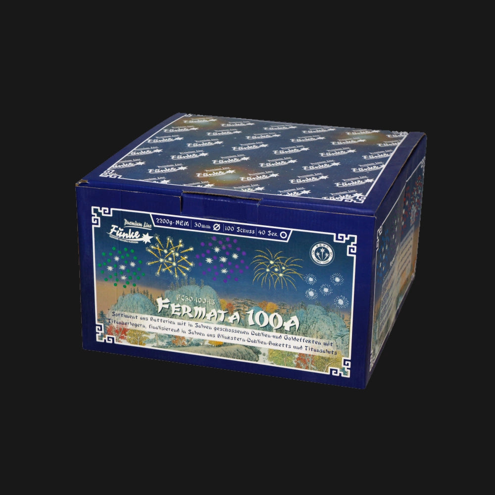 Funke Fermata 100A Verbundfeuerwerk – 100 Schuss im 30mm Kaliber mit 2425g NEM, 5er-Salven aus Dahliensternen, Goldpalmen und 10er-Finalsalven