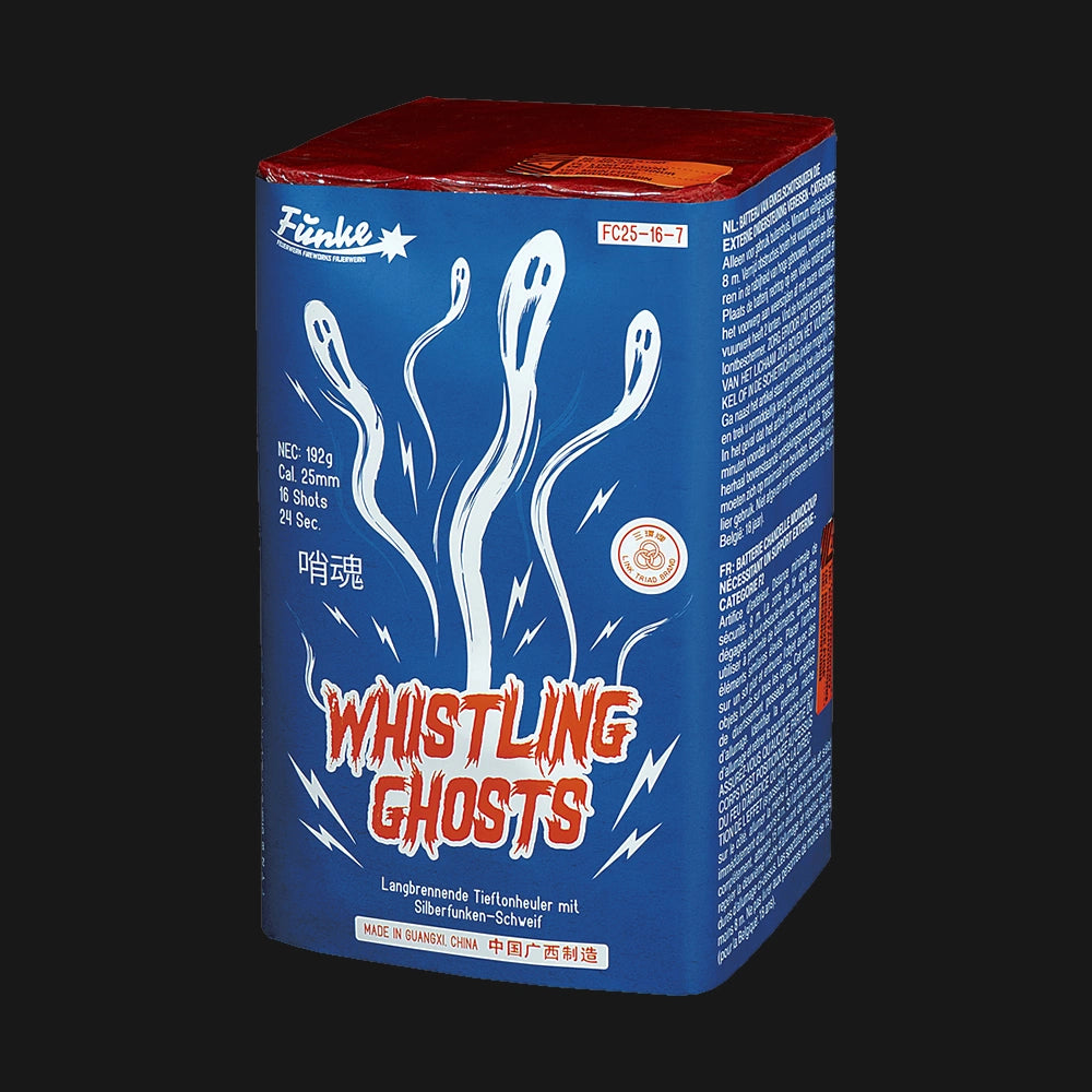 Funke Whistling Ghosts Feuerwerksbatterie – 16 Schuss im 25mm Kaliber mit 192g NEM, langgezogenen Tieftonheulern und Silberfunken-Schweifaufstiegen