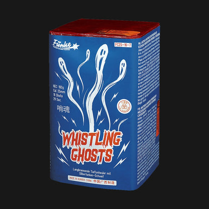 Funke Whistling Ghosts Feuerwerksbatterie – 16 Schuss im 25mm Kaliber mit 192g NEM, langgezogenen Tieftonheulern und Silberfunken-Schweifaufstiegen