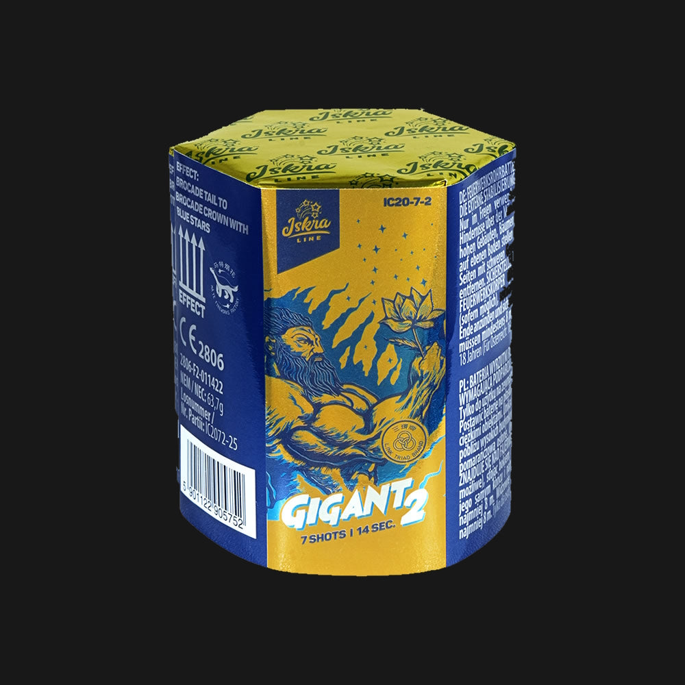 Iskra Gigant 2 Feuerwerksbatterie – 7 Schuss im 20mm Kaliber mit 56g NEM, blauem Leuchtspuraufstieg, Brokatkronen und blauen Sternen