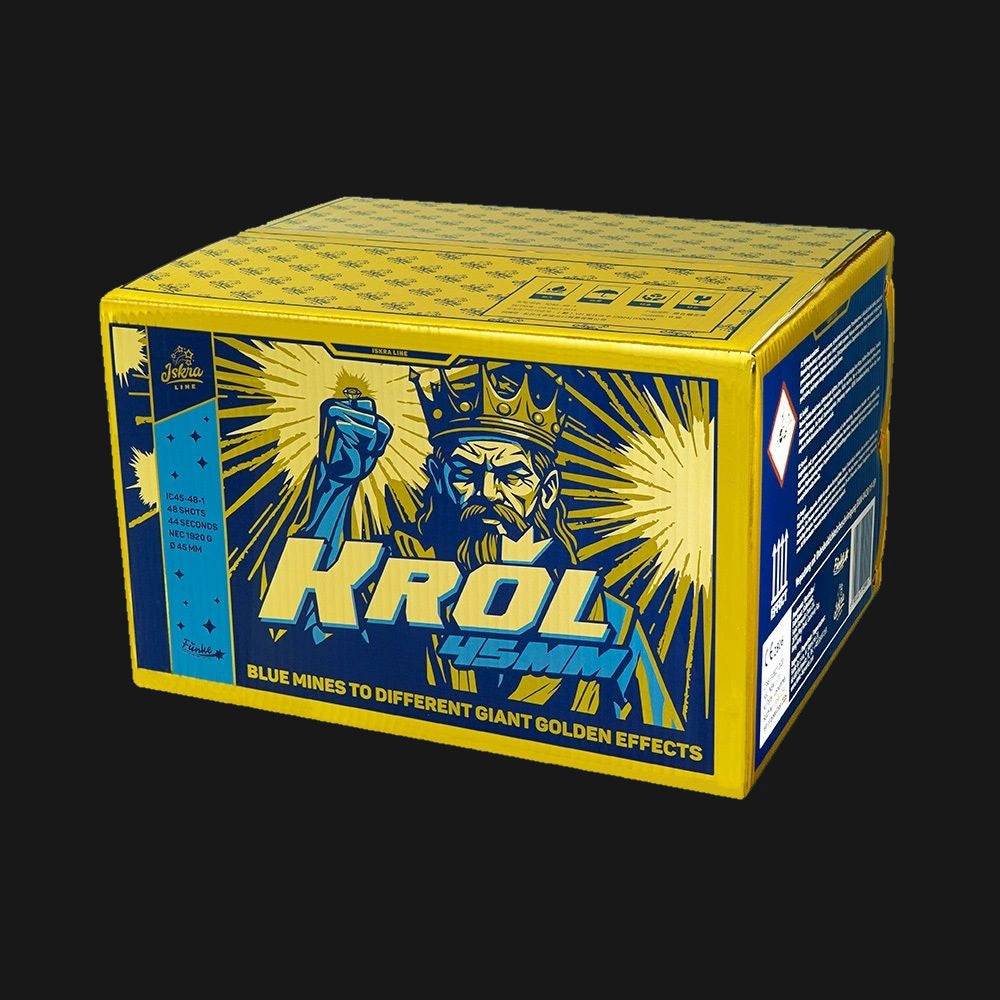 Iskra Król F3-Verbundfeuerwerk – 48 Schuss im Kaliber 45mm mit 1920g NEM, blauen Feuertöpfen, Titangold-Palmen und Goldcrackern