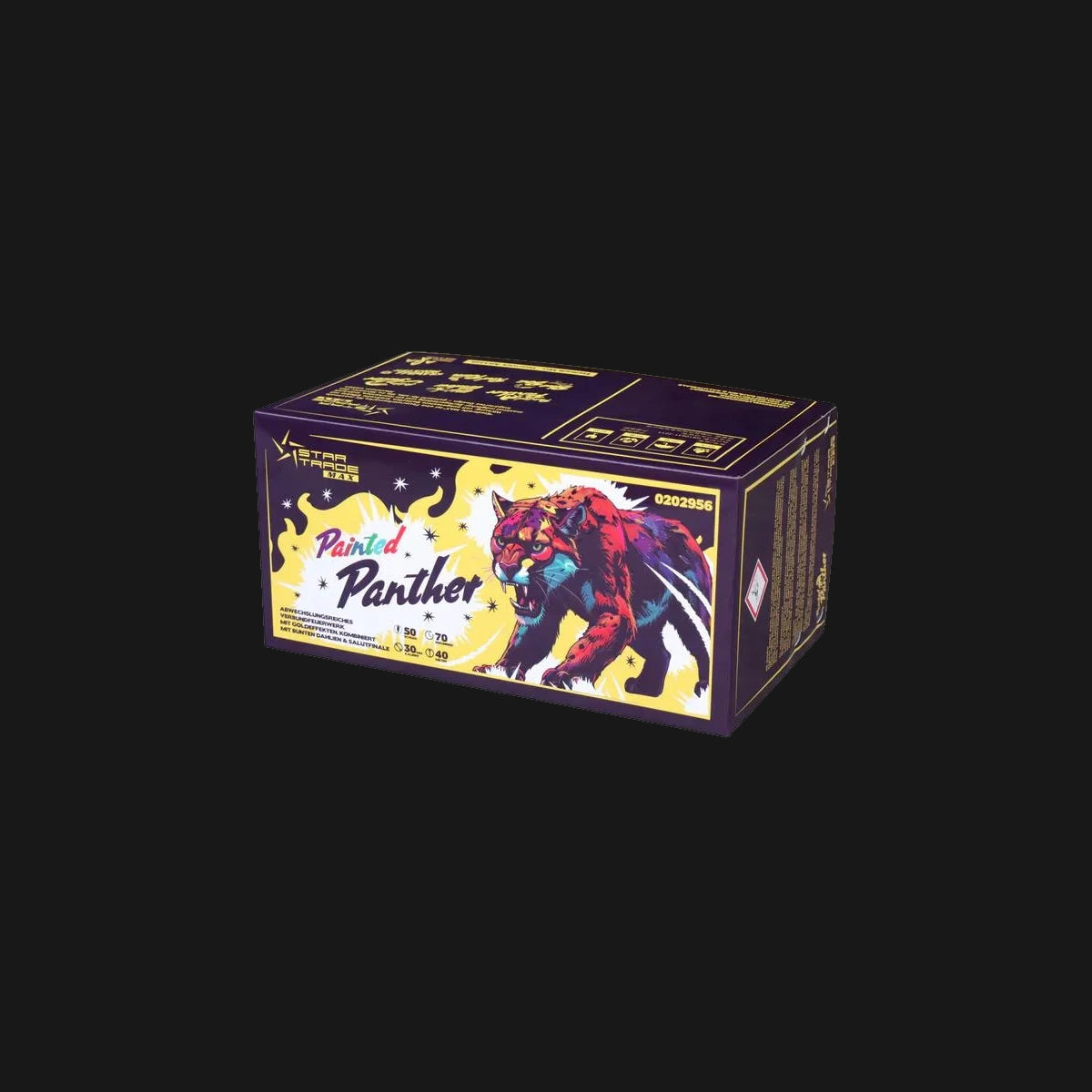 Startrade Painted Panter Verbundfeuerwerk – 50 Schuss im 30mm Kaliber mit 1800g NEM, Goldeffekten, buntem Dahlienfeuerwerk und Salut-Finale