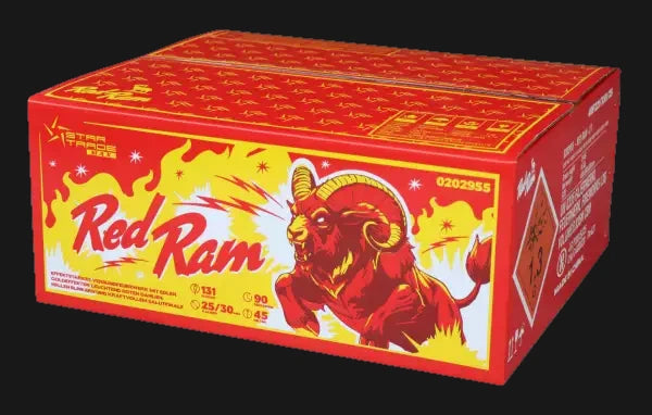 Startrade Red Ram Verbundfeuerwerk – 131 Schuss im Kaliber 25/30mm mit 1718g NEM, Goldeffekten, roten Dahlien, Blinkern und Salutfinale